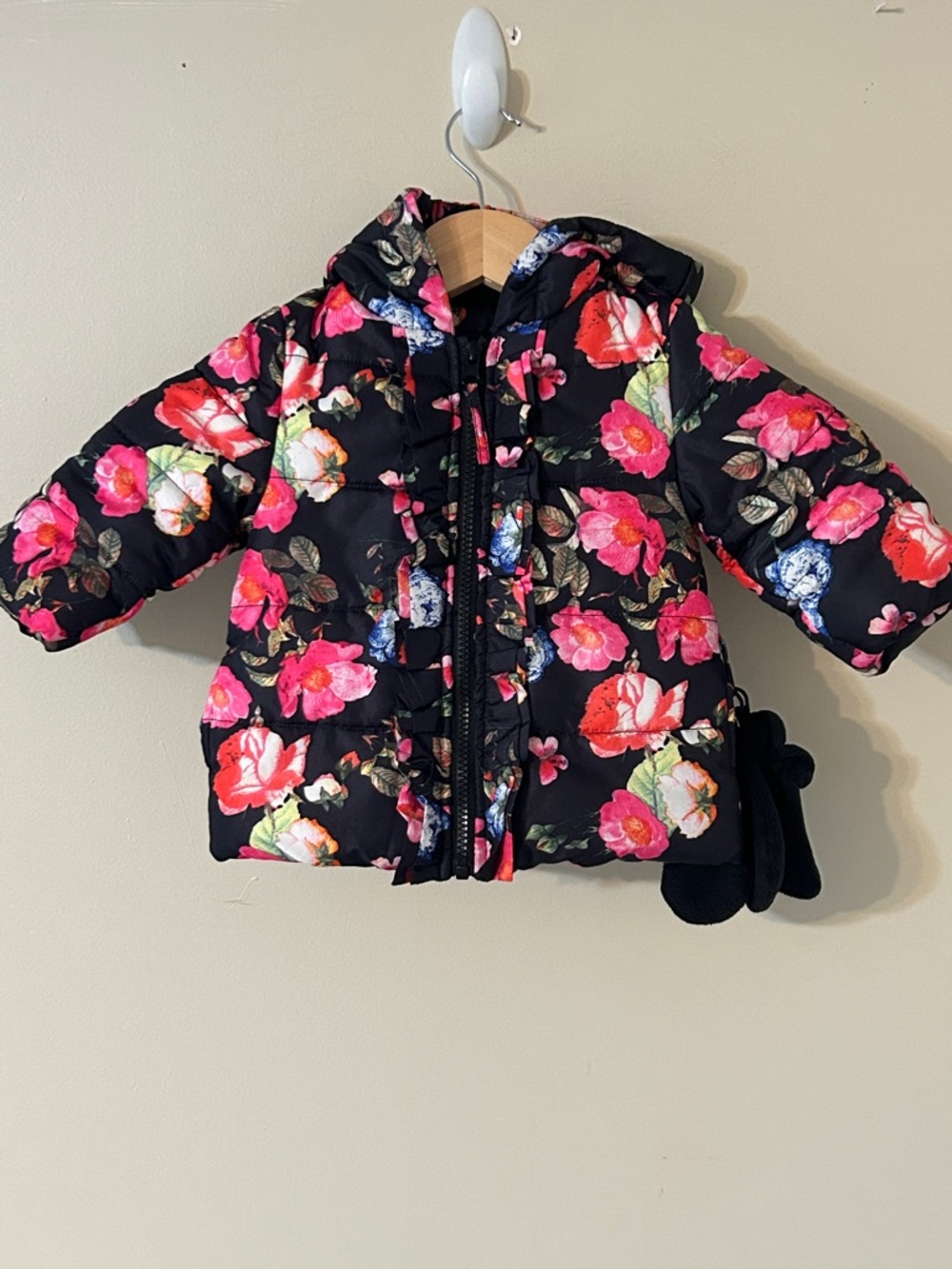 Rothschild Floral Ruffle Jacket 6/9 Months Hooded Puffy Coat Mittens